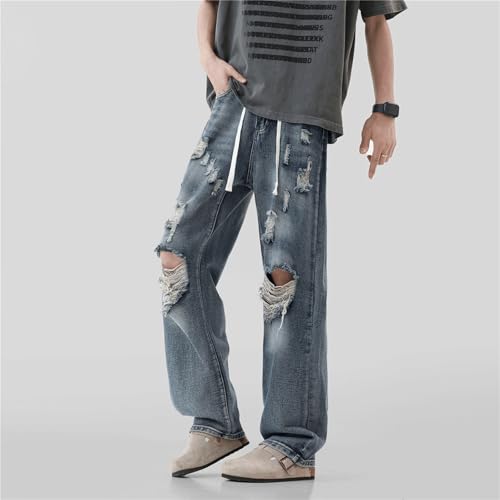 Men’s Baggy Ripped Jeans Distressed Wide Leg Denim Pants with Drawstring Waist Destroyed Holes Streetwear Style4