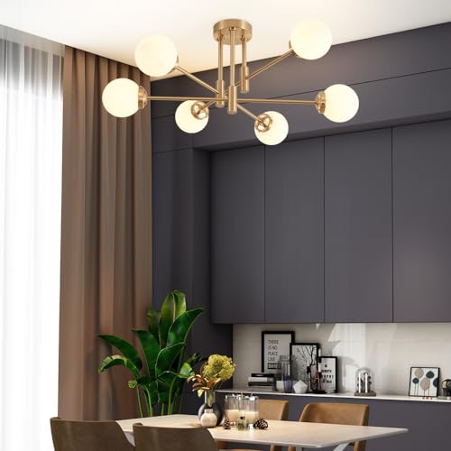 Image of Gold Sputnik Ceiling Light Fixture 6 Light with Milk White Glass Shade