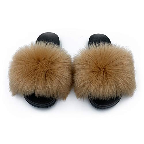 Image of Women's Faux Fur Slides Slippers Fluffy Fuzzy Sandals Open Toe Furry Slide Flip Flop Indoor Outdoor