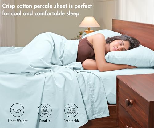 Image of RUVANTI 100% Cotton Percale Sheets Twin - Crisp Cooling Summer Bed Sheets for Hot Sleepers, Deep Pocket 14 inch, Soft Peach Finish, Breathable & Durable Hotel-Style 3 Piece Set, Spa Green