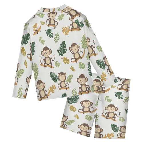 Lovely Monkey with Leaves Boys Swimsuit Rash Guard Toddler Kids Long Sleeve Swim Shirt and Trunks Swimwear Set 3-10Y2