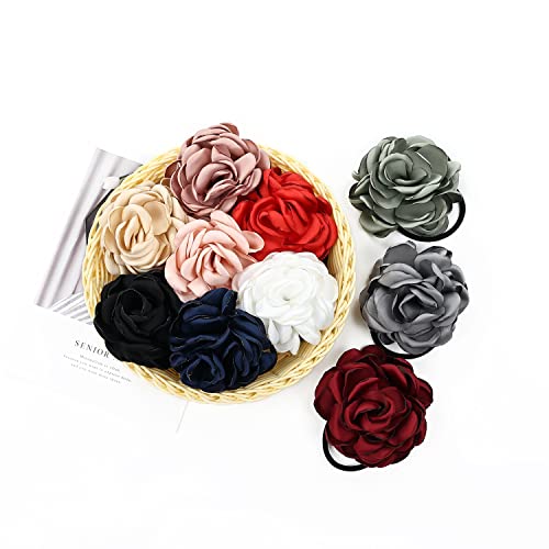 Cinaci 10 Pack Solid 4" Handmade Rose Flower Stretchy Rubber Elastics Hair Ties Ropes Hair Bands Headbands Rings Scrunchies Ponytail Holders Hair Accessories For Women Girls #TOP5
