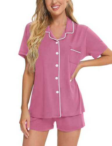 Image of SWOMOG Womens Button Down Pajamas Set Short Sleeve Sleepwear Bride Soft Pj Lounge Sets XS-3XL