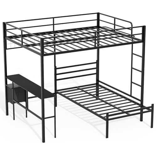 Queen Over Twin Bunk Bed with Desk - Detachable Queen Loft Bed with Drawers & Shelves, L-Shaped Create Spacious Home Office or Lounge Underneath - Sturdy Metal Frame Family-Friendly for All Ages