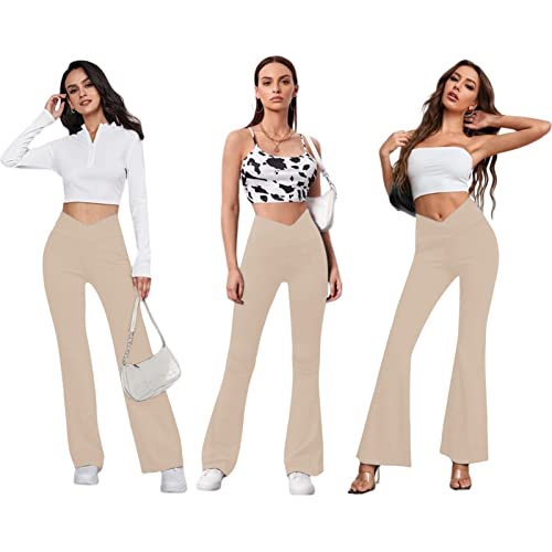Dlooda Women's Flare Leggings With Pockets-Crossover High Waisted Bootcut Yoga Pants-Tummy Control Workout Leggings Bell Bottom Work Pants Khaki #TOP1