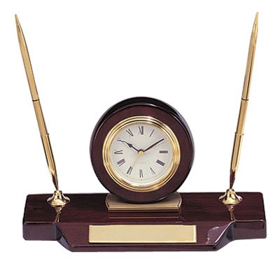 Customizable Quartz Clock and Metal Pen Set, High Gloss Rosewood Finish, Includes Personalization Small