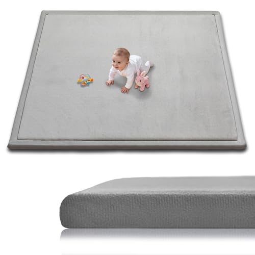 Image of Baby Play Mat for Floor, 1.3 Inch Thick Memory Foam Tummy Time Mats with Non Slip Backing, Soft Coral Velvet 50x50 Inch Playpen Mat Crawling Tatami for Infants Toddlers Kids, Light Grey