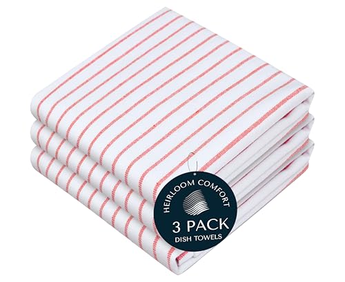 HEIRLOOM COMFORT Red Stripe Cotton Kitchen Towels Set of 3, Durable & Super Absorbent Dishcloths Pack, Classic Stripe Towel Set, Quick Dry Towels for Daily Kitchen Use, Wiping & Drying Dishes