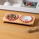 Yrouzao Ceramic Cat Bowl Set with Wooden Stand - Raised Elevated Food & Water Dishes to Prevent Black Chin, Slow Feed for Digestion, Non-Slip Stable Base for Dry & Wet Food