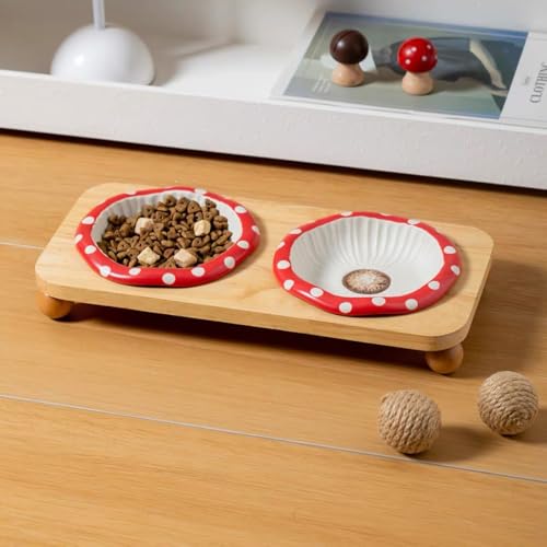 Yrouzao Ceramic Cat Bowl Set with Wooden Stand - Raised Elevated Food & Water Dishes to Prevent Black Chin, Slow Feed for Digestion, Non-Slip Stable Base for Dry & Wet Food