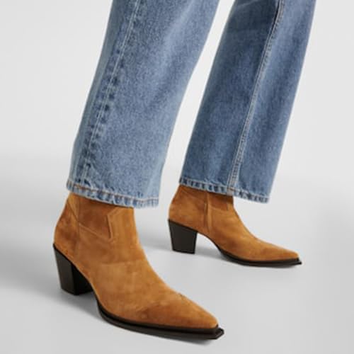 FSJ Women Classic Pointed Toe Stacked Mid Heel Ankle Booties Solid Color Chunky Heel Side Zipper Short Boots Stylish Dress Shoes Size 4-16 US4