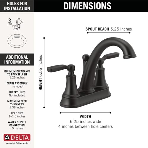 Delta Faucet Woodhurst Centerset Bathroom Faucet, Black 2-Handle Bathroom Faucet, Delta Bathroom Sink Faucet, Metal Push-Pop Drain Assembly, Matte Black 2532LF-BLMPU thumbnail 5