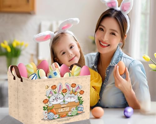 Image of Large Rectangular Easter Baskets Empty Waterproof Boy Toy Box Foldable Kid's Gifts Storage Bin Spring Room Decor(Boy Girl Cute Rabbit)