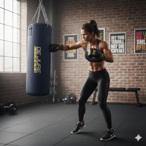 Image of De Jure Fitness Heavy Duty Unfilled Punching Bag with Rust-Proof Steel Hanging Chain | Durable Polyester Fabric | Boxing MMA, Kickboxing (Polyester-Unfilled Black, 2 Ft)