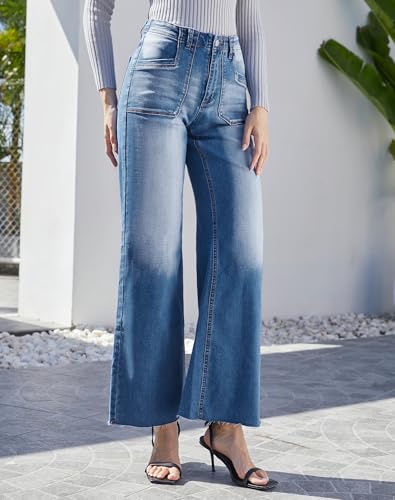 Women’s Wide Leg Jeans High Waisted Stretchy Cut Off Loose Denim Pants2