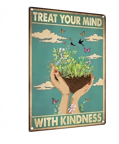 Carastora Letrero de pared de estaño vintage, con cita "Treat Your Mind With Kindness", placa de metal retro para dormitorio, oficina, sala de meditación o decoración de café, 8 x 12 pulgadas