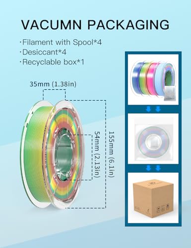 Image of PINBALL Silk & Matte Rainbow PLA 3D Printer Filament 1.75mm, 250g*4 | Multicolor Filament, Shiny Fast Color Changing, Dimensional Accuracy + /- 0.02mm
