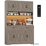 HOSTACK Modern Farmhouse Pantry Cabinet, 75' Tall Kitchen Pantry Storage Cabinet with Charging Station, RGB LED Light, Multi-Purpose Kitchen Storage Hutch Cabinets with Adjustable Shelves, Ash Grey