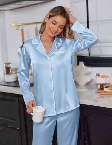 Ekouaer Satin Pajama Set for Women Silky Sleepwear Long Sleeve Top and Pants Button Down Pjs Lounge Set2