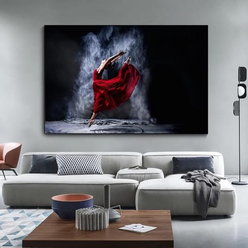 Portrait fille impression d'art robe rouge femme dansant affiche noire salon