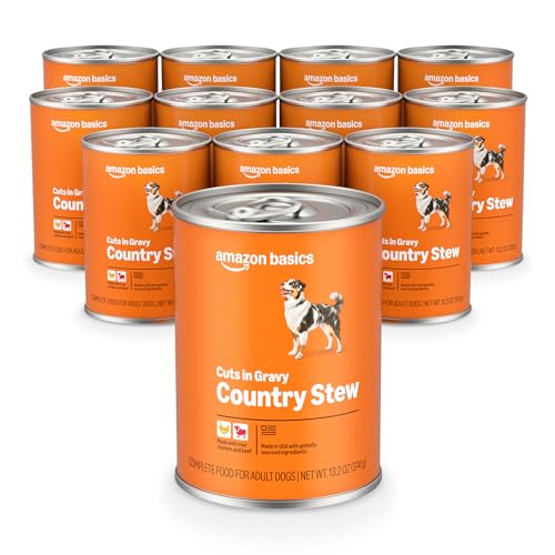 Image of Amazon Basics Wet Dog Food, Country Stew Cuts in Gravy, Made with Real Chicken & Beef, 13.2 oz can (Pack of 12)
