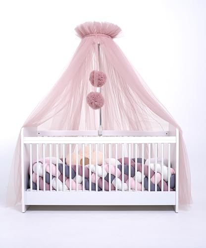 Dosel de tul para cuna, dosel para cuna de bebé, princesa cuna, cuna auxiliar, mosquitera, decoración de habitación de bebé, dosel para habitación infantil, 165 cm de largo, con pompones, color rosa