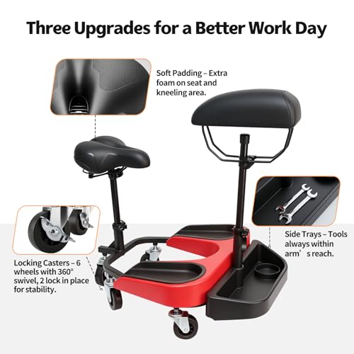 Image of Heavy-Duty Kneeling /Sitting Creeper with Adjustable Seat & Tool Tray - 300lb Capacity Rolling Knee Work Seat for Auto Repair, Flooring, Landscaping & DIY - Padded Knee Support & Smooth Casters