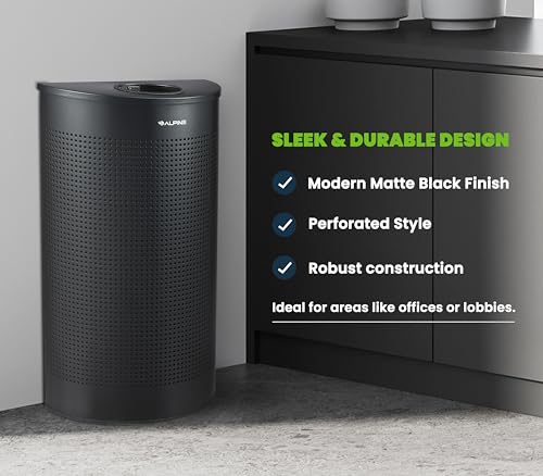 Image of Alpine Half Round Trash Can Open Top - Modern Black Metal 12 Gallon Half Moon, Space Saving Indoor Commercial Trash Cans with Lid, Narrow Garbage Can for Bathroom, Office, Lobby and Business.
