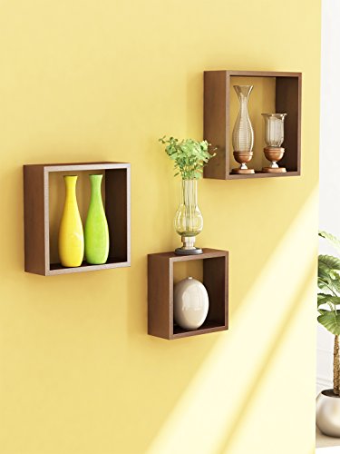 Image of Home Sparkle Wall Mounted Floating Shelves | 3 Set Decorative Cube Shelves Rack | Ideal for Decoration in Living Room, Bedroom & Wall Floating Bookshelf (Brown)