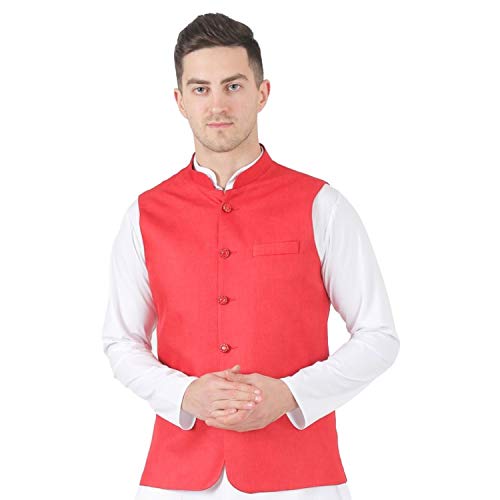 Image of TAHVO Men's Nehru Jacket /Waistcoat /Modi Jacket Cotton Fabric /Men 's 5 Button Nehru Jacket with Hanky Kurta Set