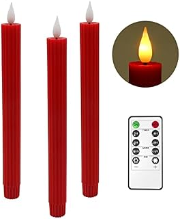 Yme 3pcs Red LED Taper Candles with Timer and Remote, Real Wax Battery Operated Window Candles with Flickering/Steady Warm White Light, for Christmas Candlesticks Tables Holiday Decorations