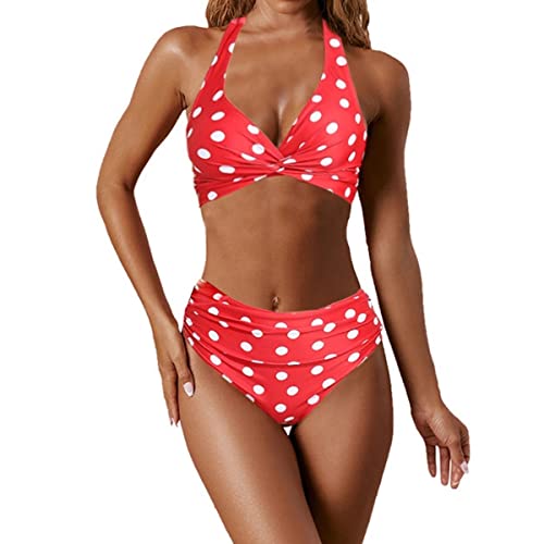 NLAND Bikini voor dames, geknoopte bikini, push-up, crossover, bikini-bovenstuk, strandmode, tweedelig badpak, kanten up, bikini, hoge taille, tankini voor dames, rode stippen, XL