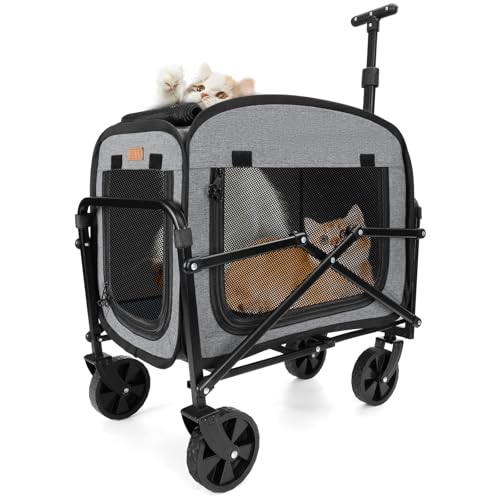 Lekereise Extra Large Pet Carrier with Wheels – Soft-Sided Foldable Rolling Cat Carriers for 2 Small Cats or Medium Large Dog Under 30lbs, Stable & Ventilated Travel Crate for Camping Outdoor, Grey