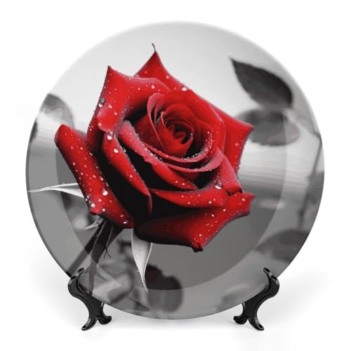 Plato decorativo Black and White Red Rose 8 pulg