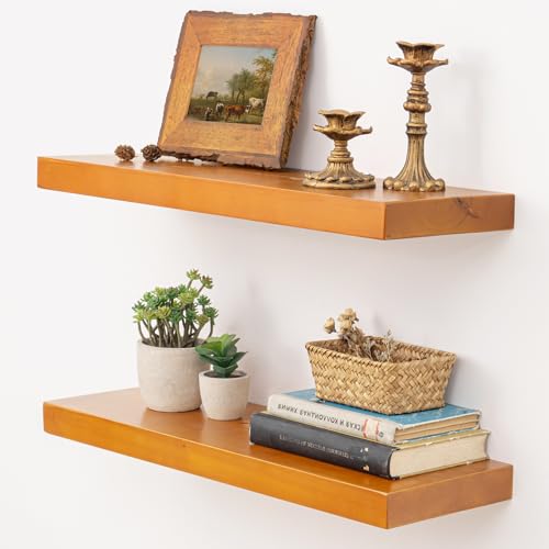 Image of Marsmiles 24 Inch Wood Floating Shelves | Rustic Honey Oak Wall Shelves Set of 2 | 24 inch W x 7.7 inch D x 1.6 inch H Wooden Shelves for Bathroom Living Room Kitchen