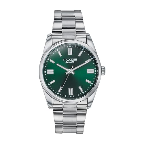 Image of Sonata Poze 6 Chrome Calling Quartz Green Round Dial Men's Watch | SS Cut Edge Strap Material | Watches for Men Analog - SP70033SM06