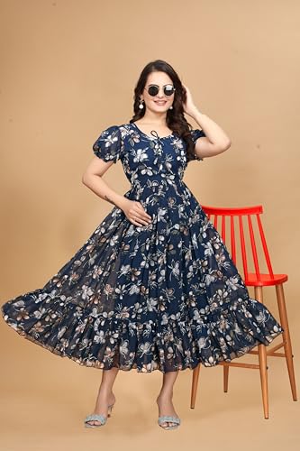 Image of Women's Georgette Dresses Floral Printed One Piece Stylish Long Maxi Western Frock Midi Dress for Women (Puffed Sleeves) Blue