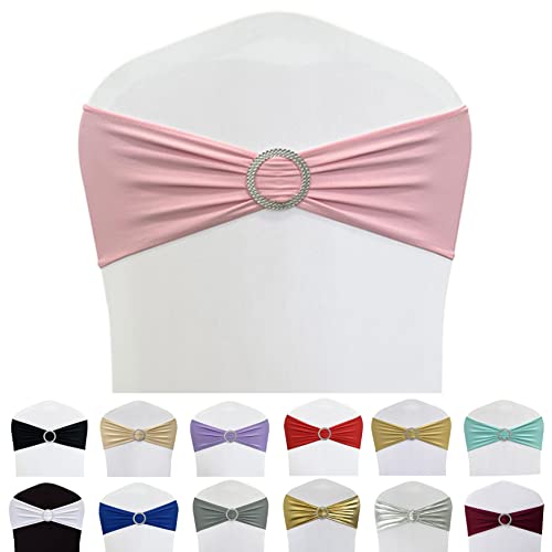 Image of Spandex Chair Sashes Bands, Pink, 100PCS | Stretch Chair Ties Bows, With Buckle Slider, For Wedding Party Banquet Decoration