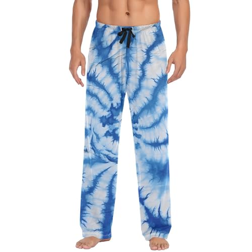 Blue Tie Dye Mens Pajama Pants, Loose Lightweight PJs Lounge Sleep Bottoms with Pockets Drawstring