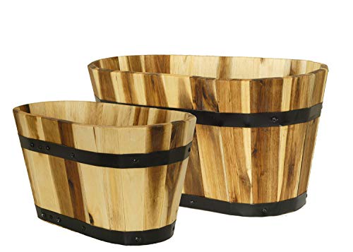 Classic Home and Garden Acacia Wood Oval Half-Barrel Planters with Metal Band, Assorted Sizes (Set of 2)