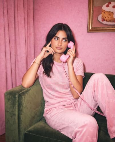 Image of Juicy Couture Women's 2 Piece Velvet Fleece Short Sleeve Shirt and Pants Lounge Sleepwear Set
