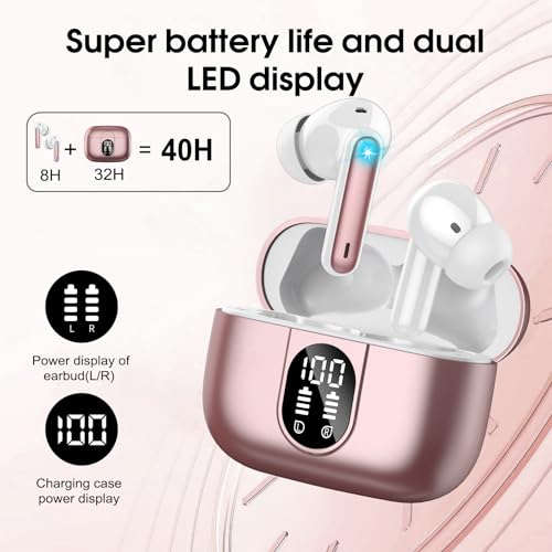 Wireless Earbuds, 2025 Bluetooth 5.3 Headphones HiFi Stereo Ear Bud, 40Hrs Playtime Bluetooth Earbuds with 4 ENC Noise Cancelling Mics, IP7 Waterproof, LED Display Wireless Earphones for Sport Rose - Image 6