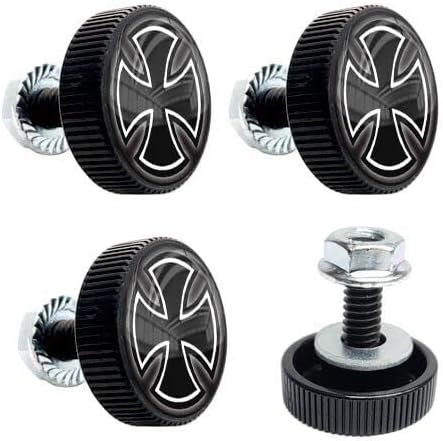 4 Black 1" Round Logo License Plate Frame Fastener Tag Bolts Iron Cross BW Style-9856-3790