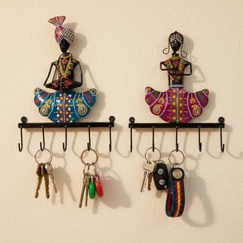 Image of Lamcy Plaza Wall Hanging Key Holder with Hooks | Durable & Lightweight Metal Key Chain Stand | Decorative Wall Mount Key Organizer for Office, Entrance & Home (Couple (Blue, Pink))