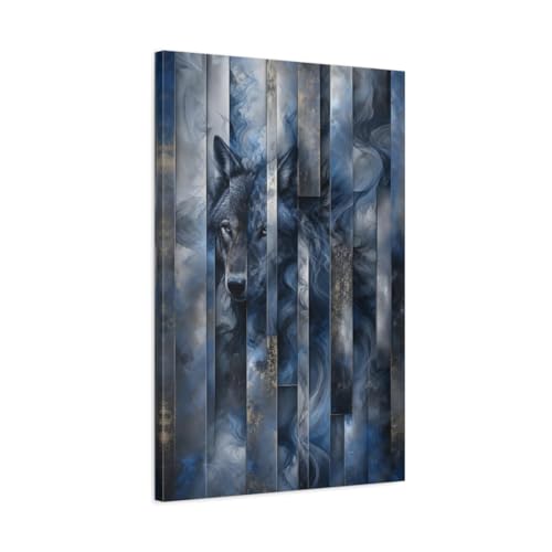 Tableau loup moderne bleu et or impression sur toile luxe de 3 cm