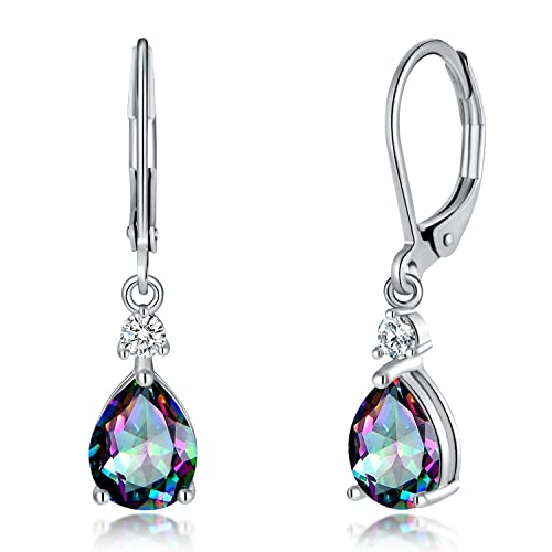 Cinily Womens Leverback Dangle Drop Earrings For Girls 14K White Gold Plated Hypoallergenic Mystic Rainbow Topaz Earrings #TOP15