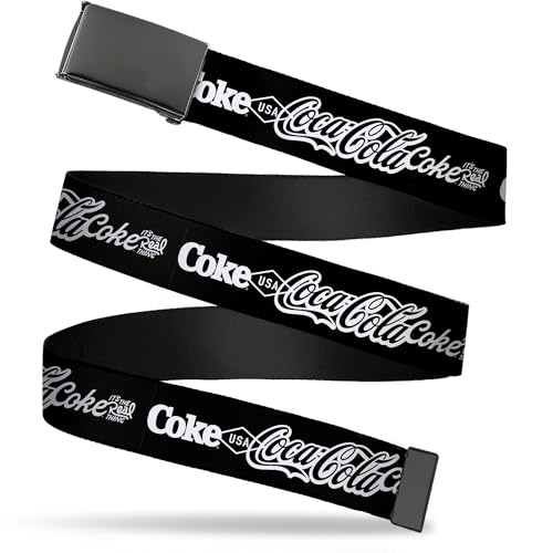 Adjustable Belt, Clamp Buckle, Cut-to-Fit, Coca Cola Coke Typography Its the Real Thing Black White