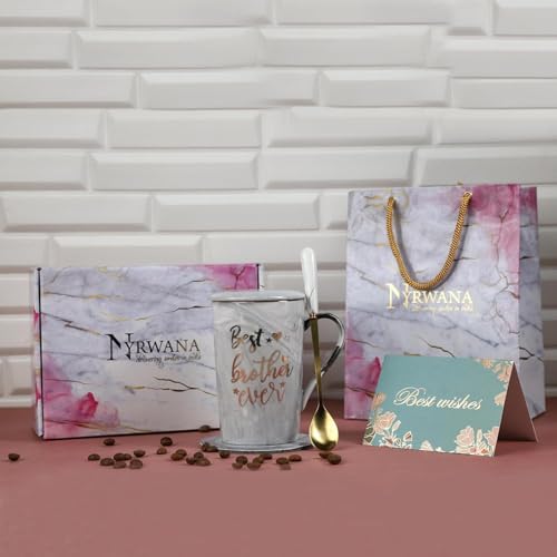 Image of NYRWANA Coffee Mug, Birthday Present for Man, Mugs for Present, Rakhi Gift for Brother, Cute Mugs, Ceramic Mug with Spoon, Gift Box & Rakhi with Tilak and chawal (400ml-Grey)