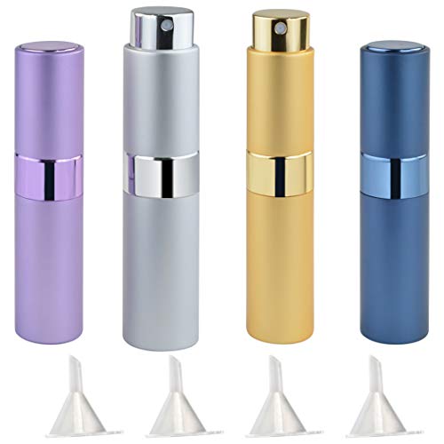 Wobe 4Pcs Refillable Twist-Up Perfume Spray Bottles, 8ml Portable Perfume Sprayer Atomizer with 4 Funnel Fillers Empty Perfume Spray Bottle Mini Twist-Up Perfume Atomizer (Blue Purple Gold Silver)