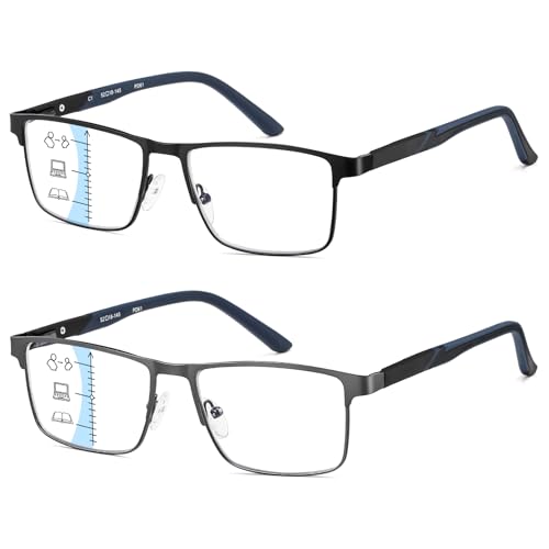 PUBOWT 2-Pack Multifocus Progressive Reading Glasses Men Blue Light Multifocal Computer Readers No-Line Trifocal Black(Workspace for Near Range +2.5 Strength)